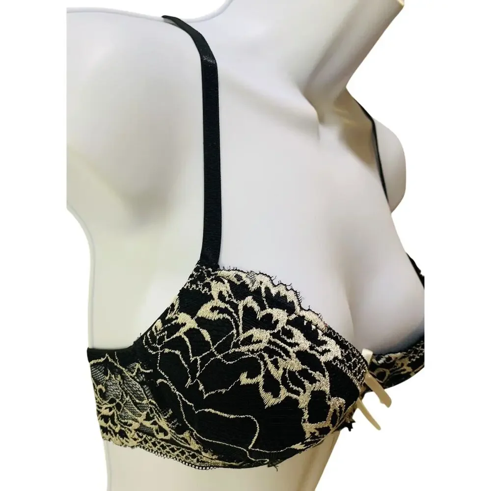 Rene Rofa Bra Underwire Padded 34B Black Beige Floral Lace Pushup Sexy Used - Picture 3 of 12